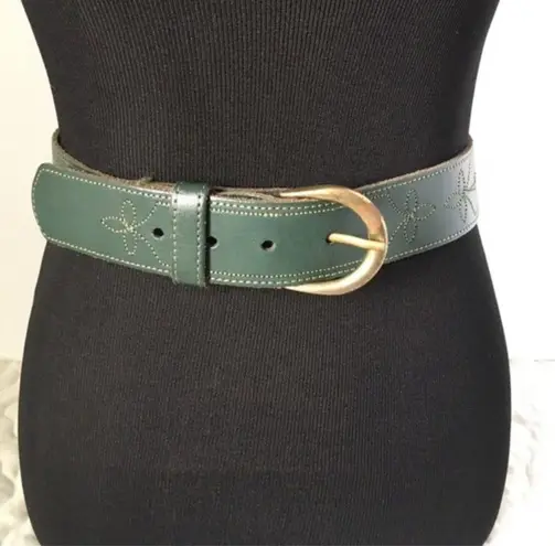 None Embroidered Bridle Stitch Belt Green Brass