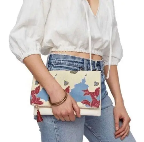 Rachel Pally Woman's Clutch Purse Fold Over Cream Floral Zip Faux Leather Canvas