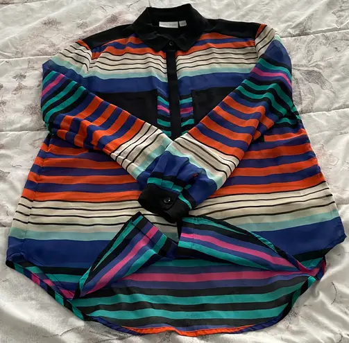 Bisou Bisou Sheer Button Up Striped Multicolored Blouse, size M