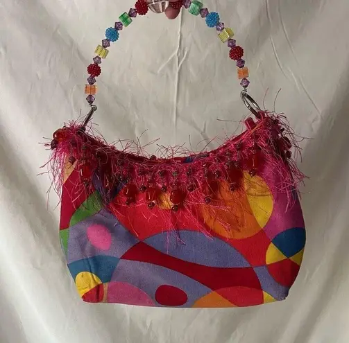 Y2K Geometric Print Tapestry Bag Beaded Top Handle Fringe Kidcore Festival