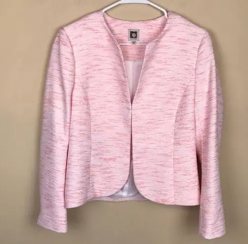 Anne Klein  Women’s Tweed Knit Pink White Career Office Hook-Closure Blazer