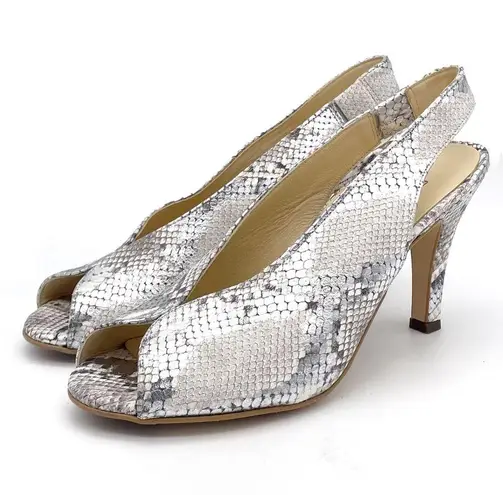 Paul Green  Avanti Peep Toe Slingback Heel Silver Snake Print Leather US Size 6.5