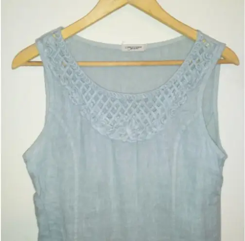 Lungo L'Arno Linen Sleeveless Shift Dress-Small-Lattice Yoke-Pockets-Sage Green