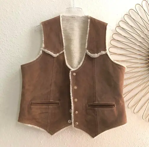 Vintage Sears Brown Western leather suede jacket coat vest shirt top white faux fur sherpa REVERSIBLE w/two pockets #boho #country #indie #hippie #festival bohemian Size XL - Image 1