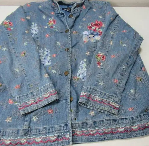 Denim & Co  Jean Embroidered Floral Butterfly Boho Fairy Jacket 1X