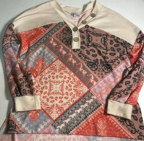 White Birch Women Patchwork Bandanna Horse Print Henley Top Oversized Size Small