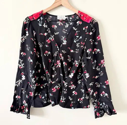 Tanya Taylor Silk Long Sleeve Wrap Blouse in Black and Red Floral Size 12