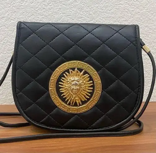 Vintage Unbranded Black Quilted Leather Medusa Sunburst Medallion Crossbody Bag