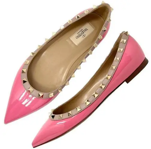 Valentino Garavani Valentino Rockstud Studded Two Toned Pink Tan Leather Pointed Toe Ballet Flats