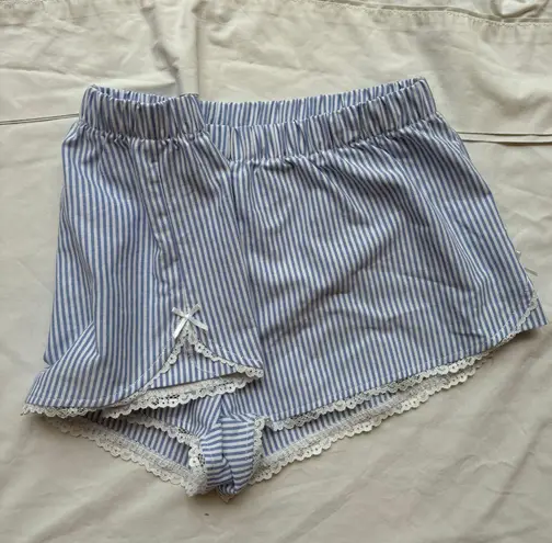New blue and white pinstripe mini shorts boxers with coquette floral lace trim Size M