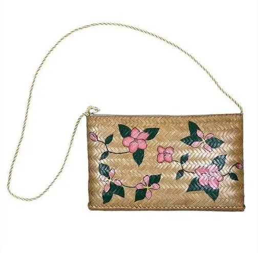 Vintage Pink Floral Hand Painted Woven Wicker Purse Pocketbook Bag