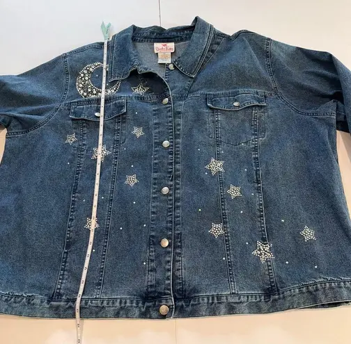 Quacker Factory  Denim Rhinestone Beaded Moon Stars Celestial Jean Jacket Size 3X