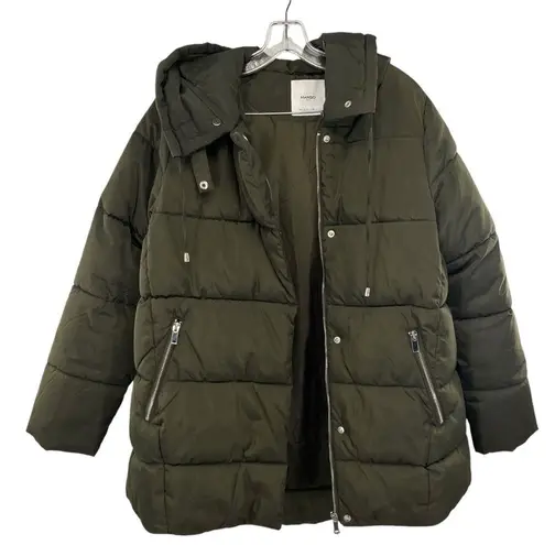 Mango  Olive Green Puffer Coat Quilted Anorak With Hood