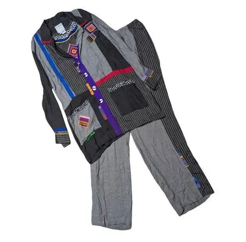 Vtg 1990s Surya Black Gray Patchwork Embellished Lagenlook 3 Pc Pants Set L Size L