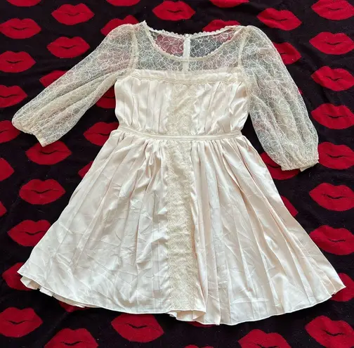 Japan Kawaii Beige Lace Floral Long Sleeve Dress S