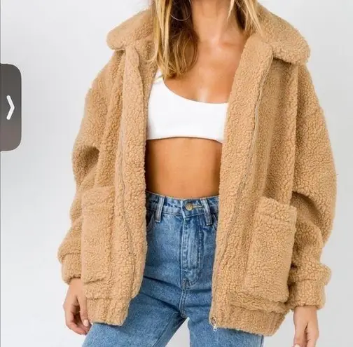 I am gia I. AM. GIA. Pixie Teddy Coat Oversized Sherpa Jacket In Camel Beige