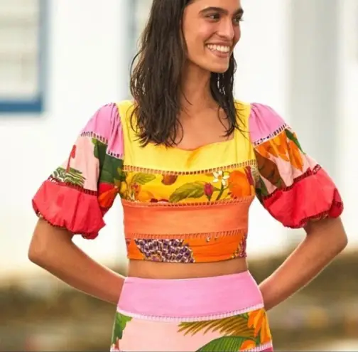 Farm Rio Tiered Top Rainbow Mixed Print Cropped Linen Multicolor Puff Sleeve Sm