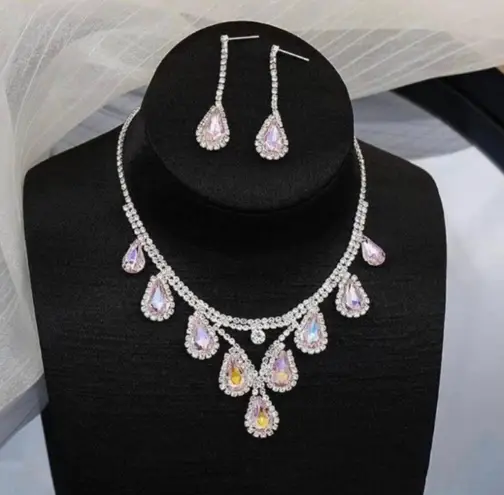 Bridal Wedding Jewelry Set Crystal Gemstone Bridesmaid Party Necklace Earrings Silver