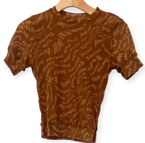 SKIMS | M | Logo Top T-shirt Mesh Mock Neck Sleeveless Sheer Latte Swirl Brown