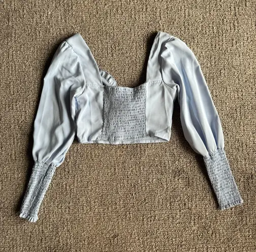 NWOT Knot Front Frill Shirred Long Sleeve Crop Top Blouse Blue Womens Size Small