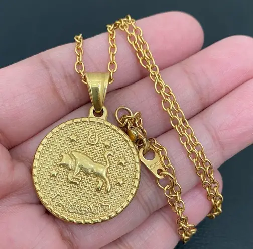 Zodiac 18K Gold plated Taurus  Sign Quarter Coin Pendant 20” Necklace 15.7g