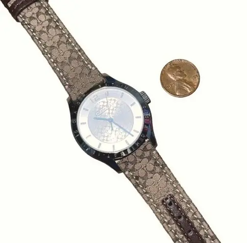 Coach  Womens Round Stainless Steel Monogram Leather Strap Watch Silver OS