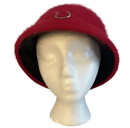 Vintage Ophelie Montreal Hat Red Angora Rabbit Fur Silver Buckle Bucket Hat