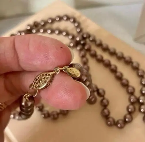 RMN Golden Chocolate Brown Pearl Necklace Vintage “Goldie” Long Elegant Chunky Jewelry