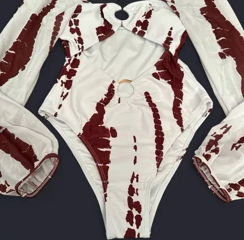 Ree Bees Chic White & Brown One Piece Swimsuit With Bold Cutouts