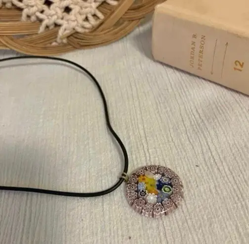 American Vintage Vintage “Dahlia” Millefiori Glass Charm Pendant Necklace Leather Strand Italian Classic