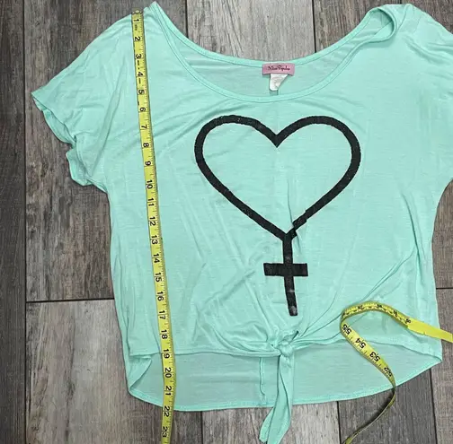 Miss Popular Aqua and Black Tie Front Blouse With Heart Size Large