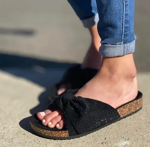 Black Rhinestone Slip On Bow Tie Sandal Size 7