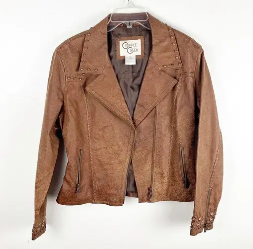 CRIPPLE CREEK Brown 100% Genuine Leather Studded Zipper Pockets Moto Jacket Size M