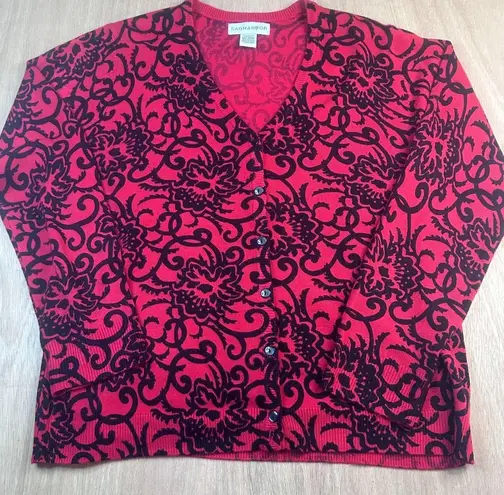 Sag Harbor Red Black Floral Knit Cardigan Sweater Button Front Womens L