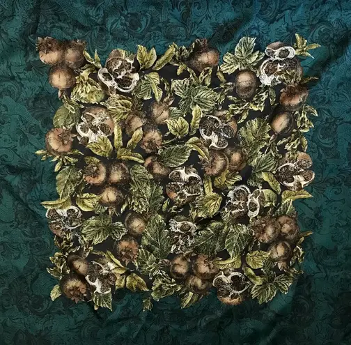 Vintage Scarf Fruit Pomegranate Floral Green Brown Square Christmas