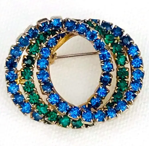 Vintage Blue  and Green Rhinestone Circles Brooch Pin