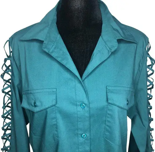 Sharagano Teal Lattice Sleeve Knit to Fit Blouse - Size Medium