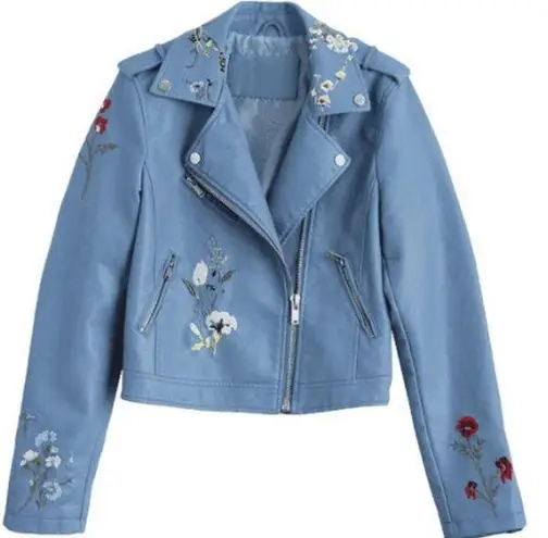 AFTF basic size medium blue floral pleather leather Moto biker jacket