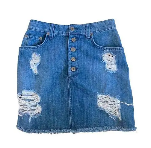 Carmar Ripped Raw Hem Distressed Button Front Denim Skirt Size 26