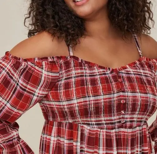 Torrid NWT  Rust Plaid Babydoll Crinkle‎ Gauze Smocked Cold Shoulder Top Size 2X