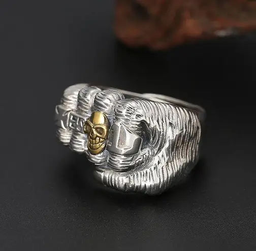925 Silver Plated Adjustable Fist Skull Ring for Men Women,Punk Hip Hop Ring