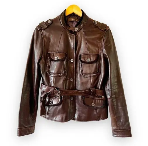 Dark Brown Lambskin Leather Belted Moto Jacket Size L