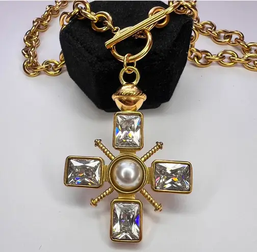 Chunky gold cross necklace with pearl and toggle clasp