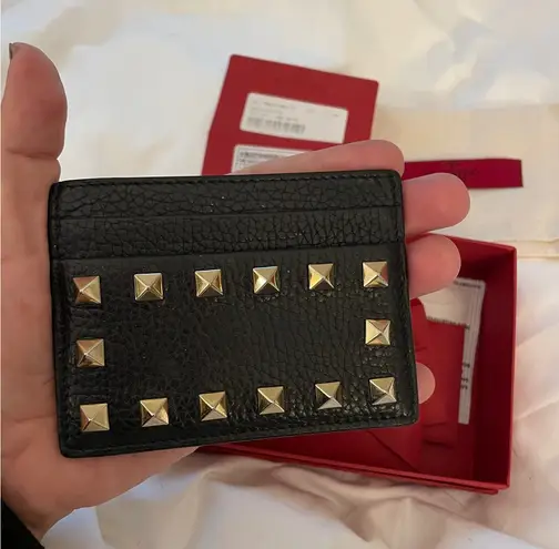 Valentino Garavani Rockstud Leather Card Holder Black Gold Studded