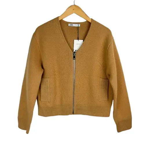 ZARA NWT  100% Wool Camel Zip Bomber Jacket Sz Small