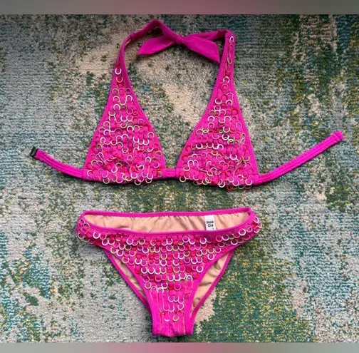 Vintage Y2K Rosa Chá hot pink colorful metal rings bikini, size large