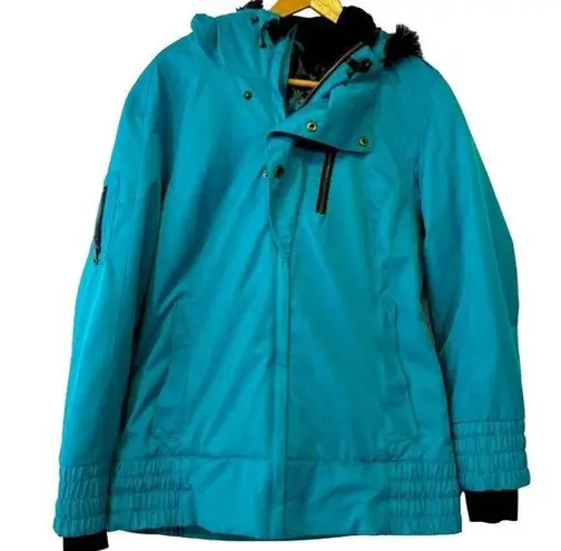 Obermeyer  Eden Jacket Ski Coat Sz 10 Teal Thumb Holes Snowboard Fur Hood