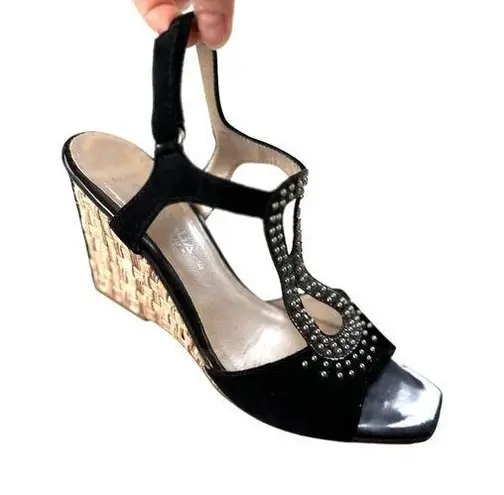 Aquatalia Open Toe Suede/Patent Leather/Straw Peep Toe Wedges Sz 8