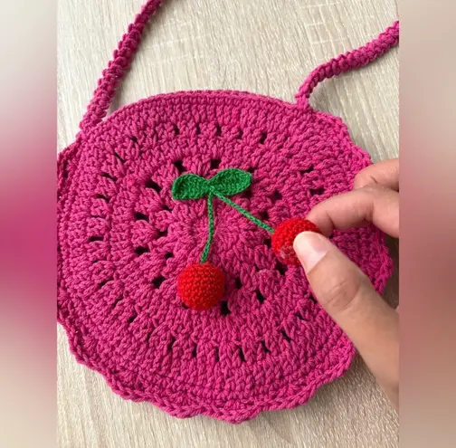 Handmade Crochet Pink Cherry Bag Round Artisan Crossbody Summer Viral