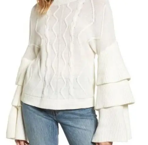 Nordstrom BP. White Cable Knit Tiered Ruffle Bell Sleeve Sweater Small